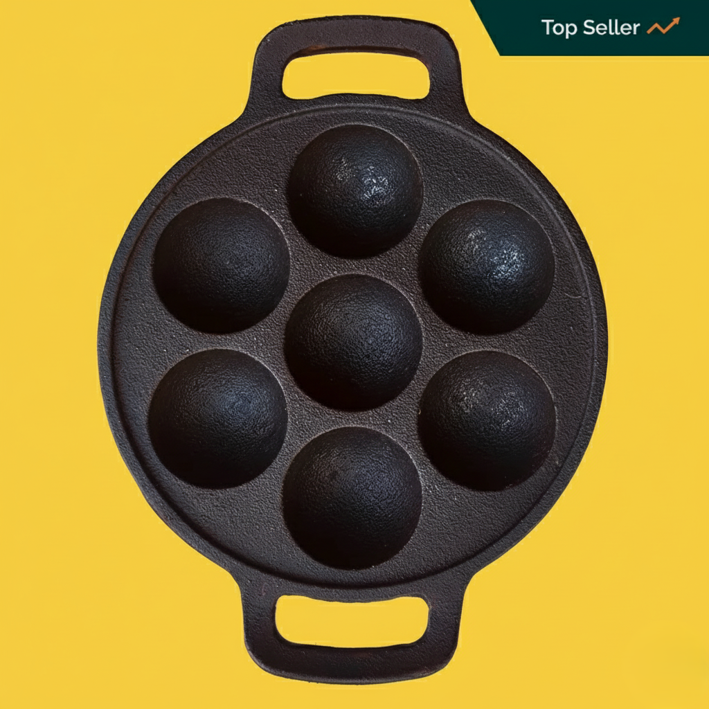 Cast Iron Paniyaram Pan with Flat Base - Naturally Seasoned