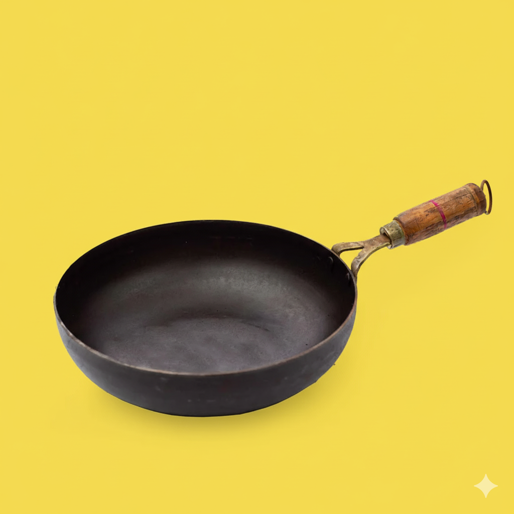 Iron Flat Kadai with Wooden Handle Naturally Seasoned
